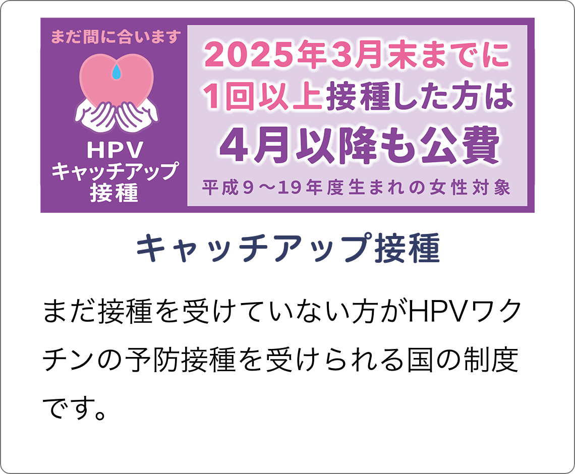 [HPV「キャッチアップ接種」2025年3月まで　平成9〜19年度生まれの女性対象] キャッチアップ接種 まだ接種を受けていない方がHPVワクチンの予防接種を受けられる国の制度です。